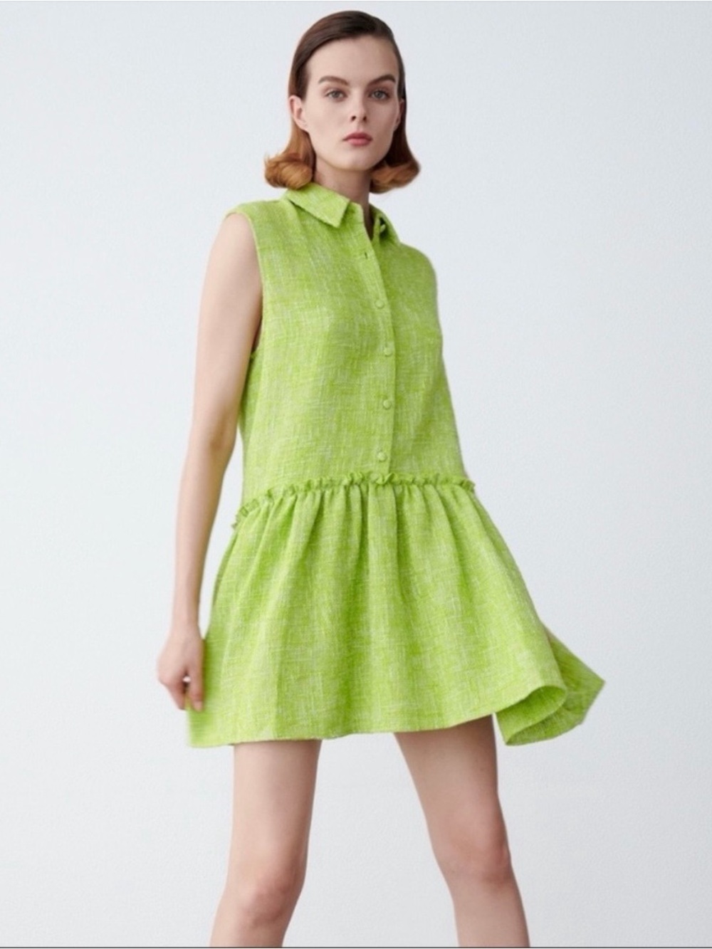 ZARA TEXTURED MINI GREEN HEATHER WHITE KNIT COLLAR DRESS small